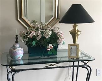 Iron & glass console table, lamp & mirror