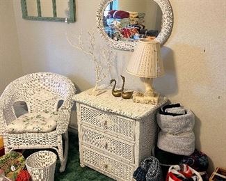 Wicker chest, rocker, mirror and trash can