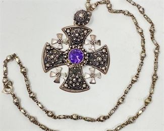  Vintage Sterling Silver Jerusalem Crusader Cross with Amethyst Gemstone and Chain
