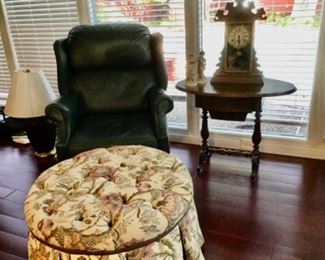 Green Leather chair, Ottoman, Antique Clock