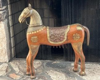 VTG WOODEN BRASS INLAY GOLD HORSE STATUE