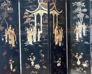 MID CENTURY ASIAN SCREEN W BLK LACQUER AND MOTHER OF PEARL