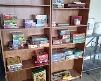 Puzzles and games.  Wood bookcases (inexoensive, but in very good condition