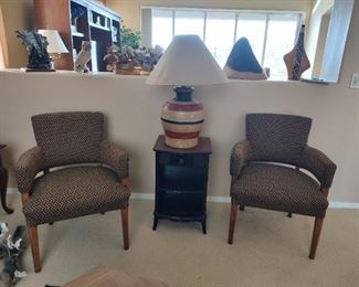 Very comfy side chairs upholstered to match sofa, small vintage occasional table with large lamp