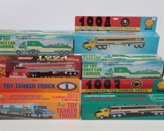 Lot Of 6 Toy Tanker And BP Toy Race Car Carrier