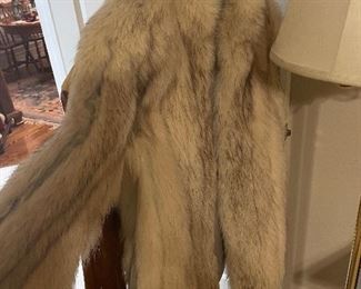 fox fur jacket w/ leather belt and trim- made by saga fox