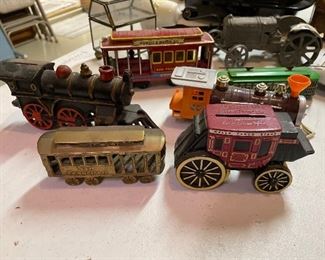 assorted metal - collectibles -in car train - stage coach- trolly etc=