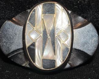 Mother Of Pearl Malachite Inlay Brooch