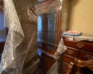 #14 Broyhilll China Cabinet with 4 leaded glass doors, glass shelves 4 drawers, 2 wood doors 71wx18 dx31-84 tall (2 piece) $300.  VERY heavy.