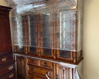 #14 Broyhilll China Cabinet with 4 leaded glass doors, glass shelves 4 drawers, 2 wood doors 71wx18 dx31-84 tall (2 piece) $300.  VERY heavy.