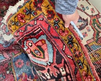 #26 8x10 Antique hand knoted veggie die rug burgundy mustared blue rug  $200