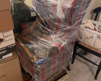 #6 Paul Robert Green and Burgundy strip wing back chair on queen anne legs. Still wrap up from being moved $75