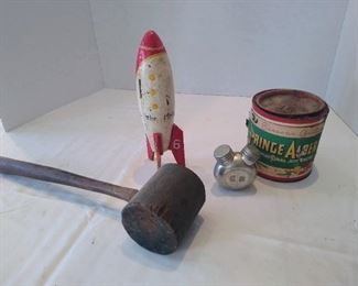 Early wooden gavel - Prince Albert tobacco tin -neat rocket