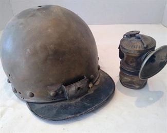 Brass/copper miners helmet and carbide lamp