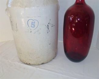 5 gallon stoneware crock and unusual red apothecary jug