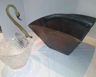 Wooden rice bucket and assorted glassware