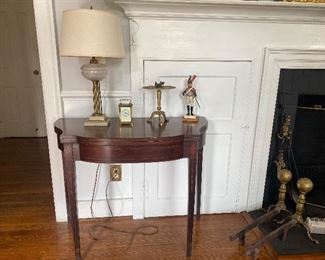 Hepplewhite inlaid game table, converted oil lamp, French Carriage Click 1908, brass fireplace trivet