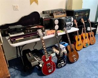 Nice selection of vintage/antique instruments and electronics including guitars and stereo systems