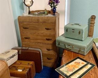 Matching antique dresser, Lane cedar chest & vintage luggage including Samsonite