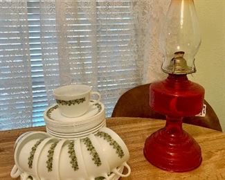 Love this sweet vintage Pyrex set of plates, bowls, cups & saucers. Very cool red antique hurricane lamp