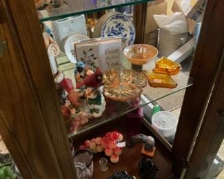 Red bird, amber glass and planter