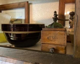 Crock bowl and antique grinder