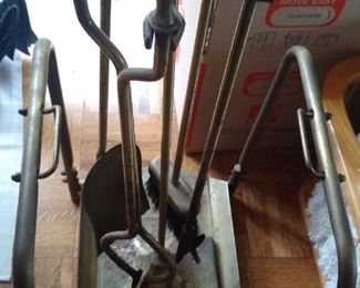 Brass fireplace tools and rack