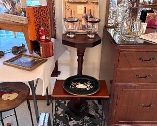 Antique plant stand
Glass candle holders
Magazine stand - Music design
Wine bottle picture

