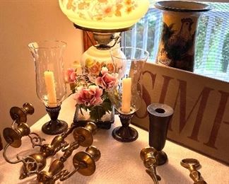 Antique glass blown lamp, 
Brass candle sconces, 
Sterling silver with glass candle holders