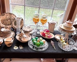 Johnson Bros "Friendly Village" China set
Glass candle sticks
Waterford vases
Crystal bowls and platters