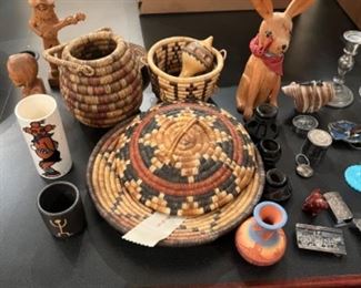 Vintage Hopi Coiled Plaque & Deep Coiled Basket Native American 