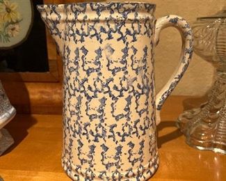 Antique Blue & White Spongeware Pitcher Sponged Stoneware Crock Handle