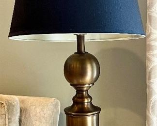 Item 75:  (2) Brushed Bronze Lamps with Navy Shade:  $225/Pair