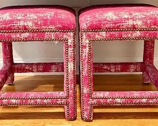 Item 33:  (2) Lee Upholstered Stools with Nailhead Trim upholstered in Pink and White! Fun!:  $325/Pair