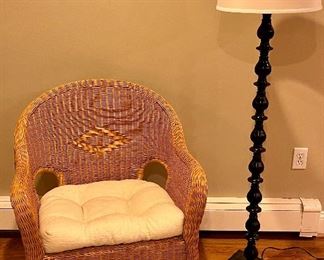 Item 41:  Wicker Chair:  $125                                                 Black Floor Lamp available at the sale