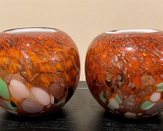 Item 109:  (2) Art Glass Votive Holders (orange):  $48/Pair