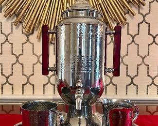 Vintage Hammered Metal Coffee Urn, Creamer & Sugar Set