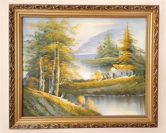 Framed painting of lake scene