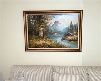 Framed mountain scene oil painting 