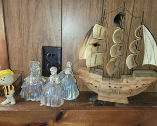 Collectibles of all kinds. Vintage Wheaton glass iridescent southern belles.  Vintage bovine horn 3 mast sailing ship.