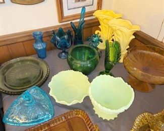 Vintage colored glass, depression glass, art glass, McCoy vases