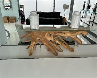Teak Root Base sofa table $2000
79”x18”x32”H
No damage or scratches 

2 White gray marble covered jars (from Zakson’s)  $75 for both

