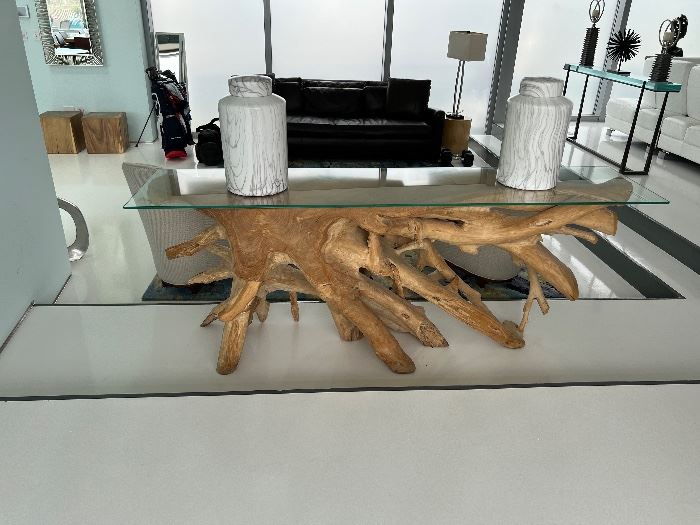 Teak Root Base sofa table $2000
79”x18”x32”H
No damage or scratches 

2 White gray marble covered jars (from Zakson’s)  $75 for both
