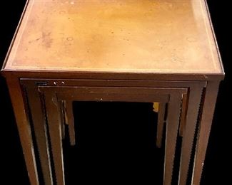 SET/3 ANTIQUE LEATHER-TOP NESTING TABLES