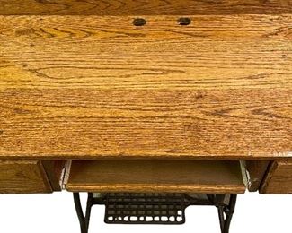 HANDCRAFTED OAK DESK ON REPURPOSED ANTIQUE SEWING MACHINE BASE