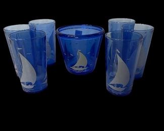 ANTIQUE SAILBOAT ICE BUCKET AND 6-TUMBLERS