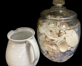 POTTERY PITCHER, LARGE JAR FULL OF SHELLS