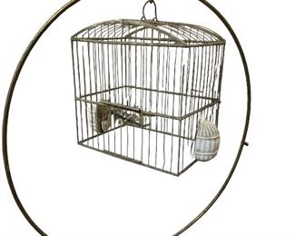 ANTIQUE BIRD CAGE, STAND and 2-GLASS FEEDERS
