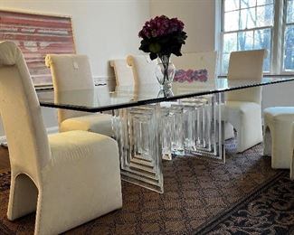 CUSTOM BUILT IN MIAMI FOR OUR SELLERS IN THE 1990'S. BEVELED GLASS TOP ON LUCITE BASE. WHAT A WORK OF ART! Top is 4x8’