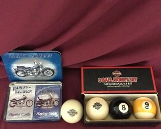 Harley Davidson 3 Ball Money Set Billard Balls and Tin with Playing Cards